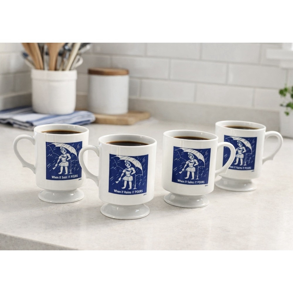Vintage Morton Salt Mug Coffee Cups Set Of 4 When It Rains It Pours *See